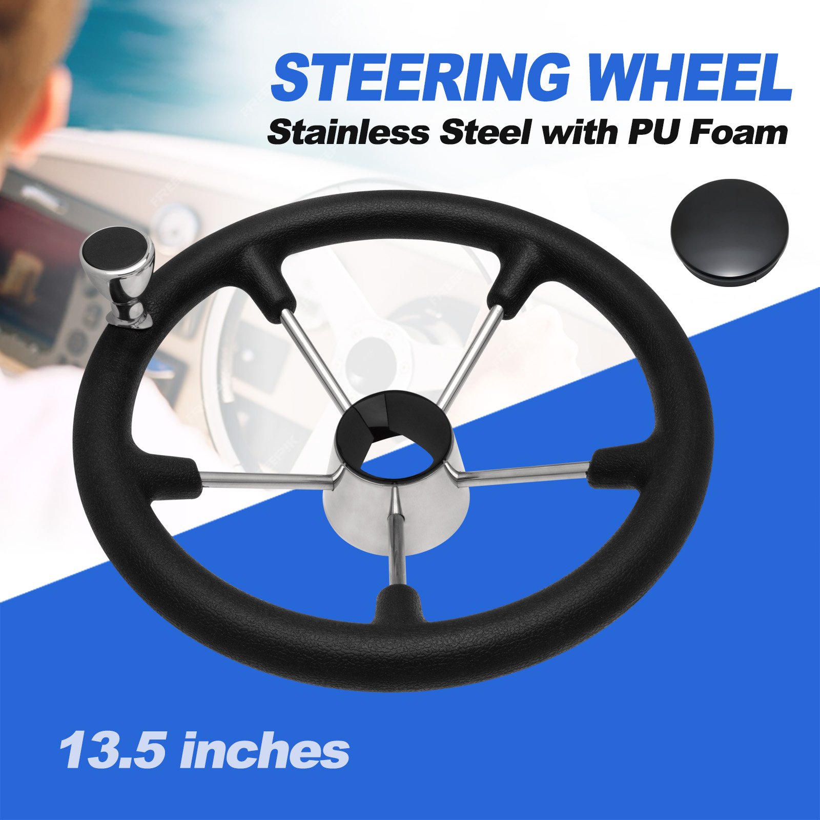 Fishing Boat Steering Wheel - พวงมาลัยเรือสแตนเลส 5 ก้าน ขนาด 13.5 นิ้ว