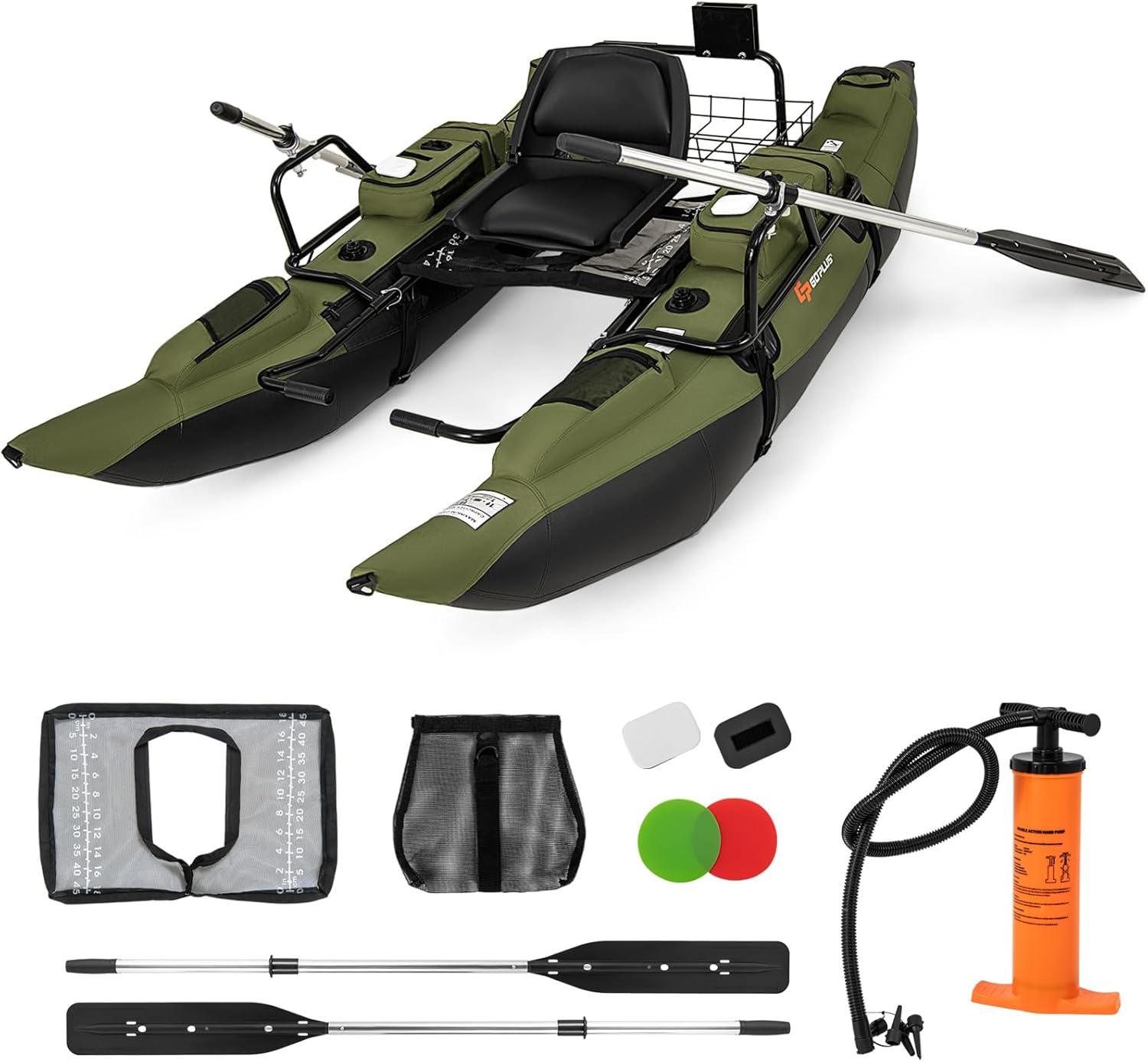 Fishing Boat Seat - เรือยางเป่าลมสำหรับผู้ใหญ่ พร้อมเบาะรองนั่งแบบพับได้, ที่พักเท้าปรับระดับได้, ปั๊มลม, ไม้พาย, ไม้บรรทัดวัดปลา,
