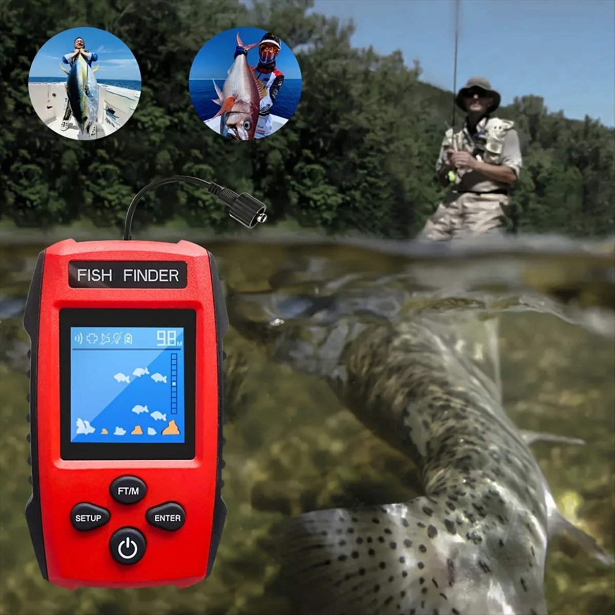 Fishing Boat Depth Finder - เครื่องหาปลาแบบมีจอ LCD สี พร้อมหัววัดโซนาร์แบบมีสาย ตรวจจับความลึก สำหรับเรือตกปลา
